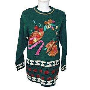 Vintage Lambelle Green Bright Floral Hat Design Tunic Sweater Wool Blend Sz M
